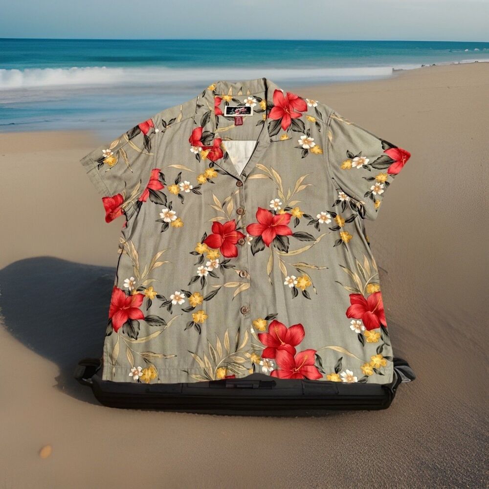 La Cabana Women Top XL RedPink Floral Hawaiian Button Up Tropical Shirt Hibiscus